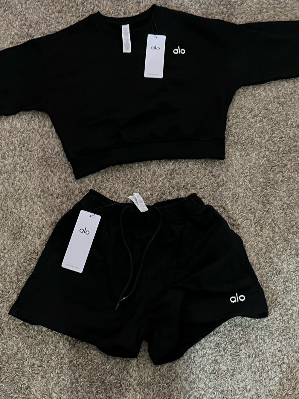 ALO Yoga Black Cropped Sweatshirt & Athletic Shorts Set